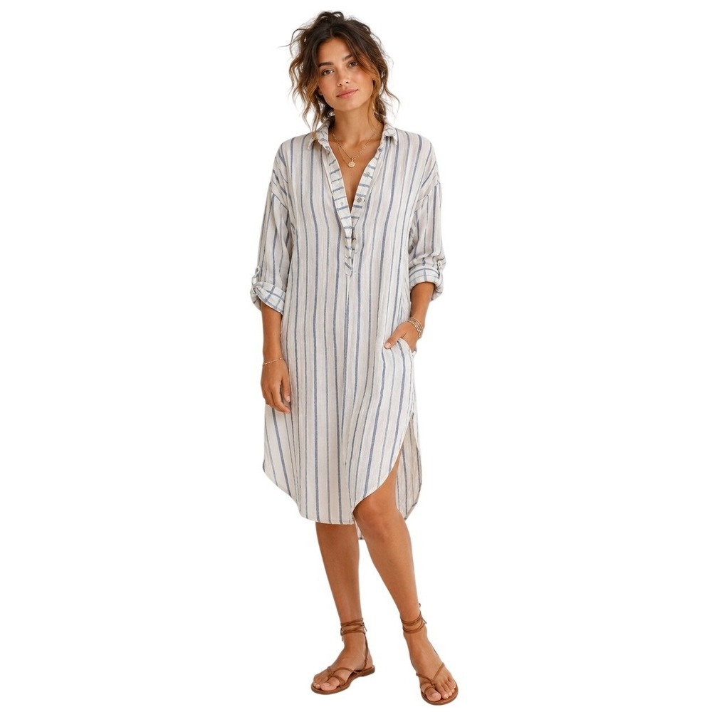 Free People Shirt Dress Stripes 100% Cotton Coastal Boho White Sz S